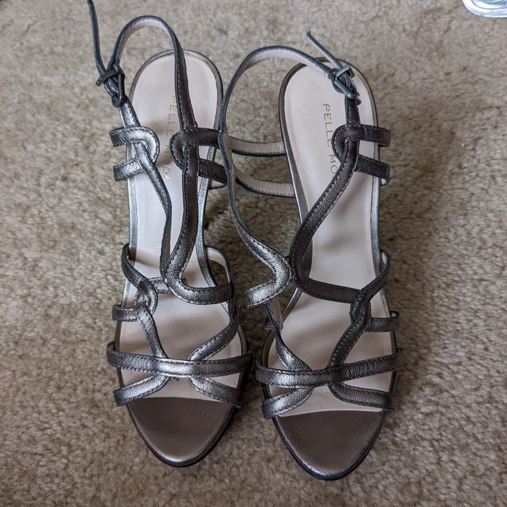 VINTAGE Pewter Pelle Moda Stiletto Platform Strappy Heels (7½M)